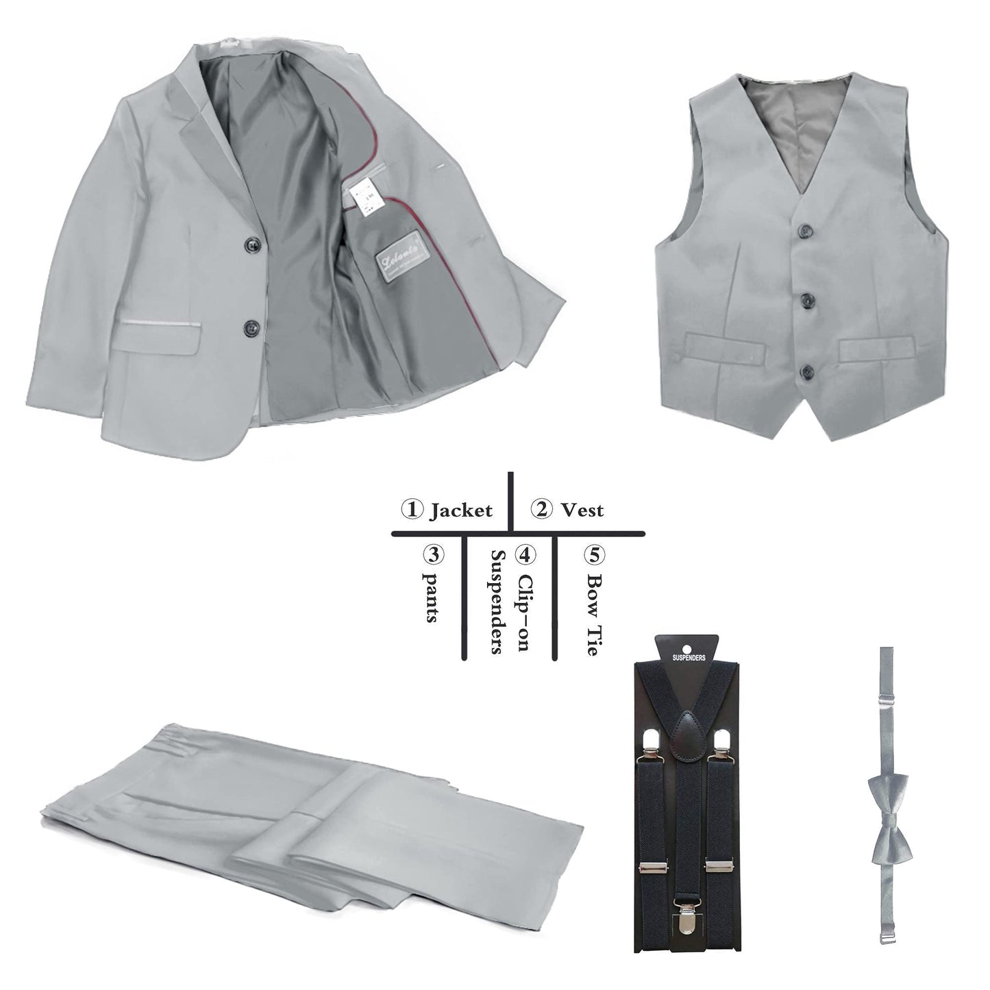 LOLANTA Kids Tuxedo Suits for Boys Ring Bearer Outfit 5 Piece Set Dress Clothes Formal Wear(Grey,5)