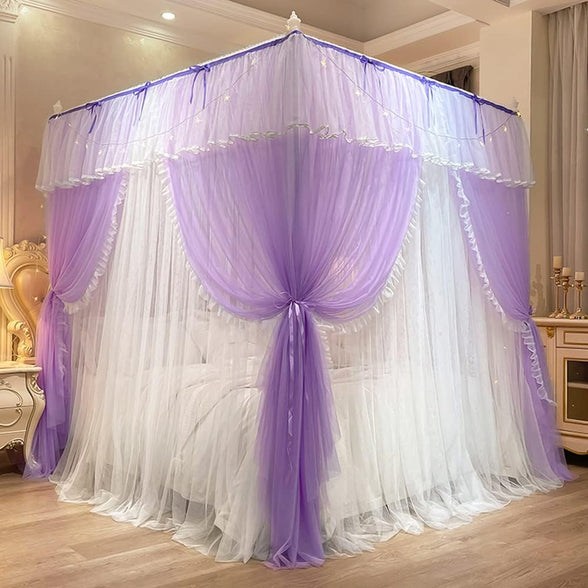 Mengersi Canopy Bed Curtains with Lights,4 Corner Bed Canopy Royal Luxurious Bed Drapes Netting,Princess Bed Curtains for Girls Adults Bedroom Decoration (Purple, Queen)