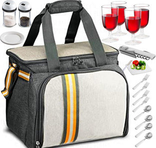 Picnic Basket for 2 Or 4 People Upgraded 2023 Model - Includes 4 Plates, Wine Glasses, Forks, Knives, Salt and Pepper Shakers, Wash Cloths and More - All Elegently Packed for Men Or Women