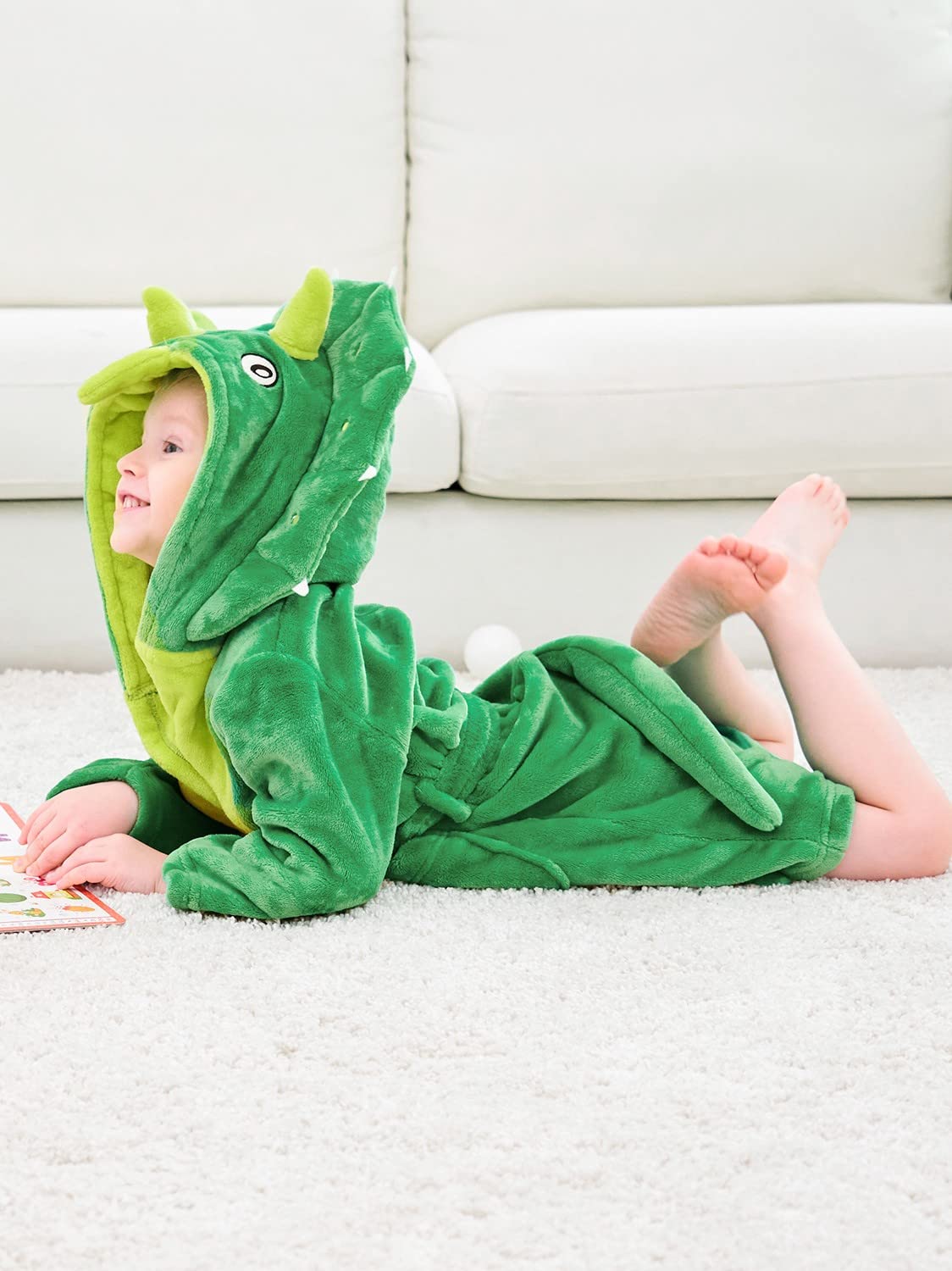 LOLANTA Boys' Girls' Hooded Flannel Bathrobes Kids Sleepwear Dinosaur Dressing Gown Christmas Gift 2-3Y