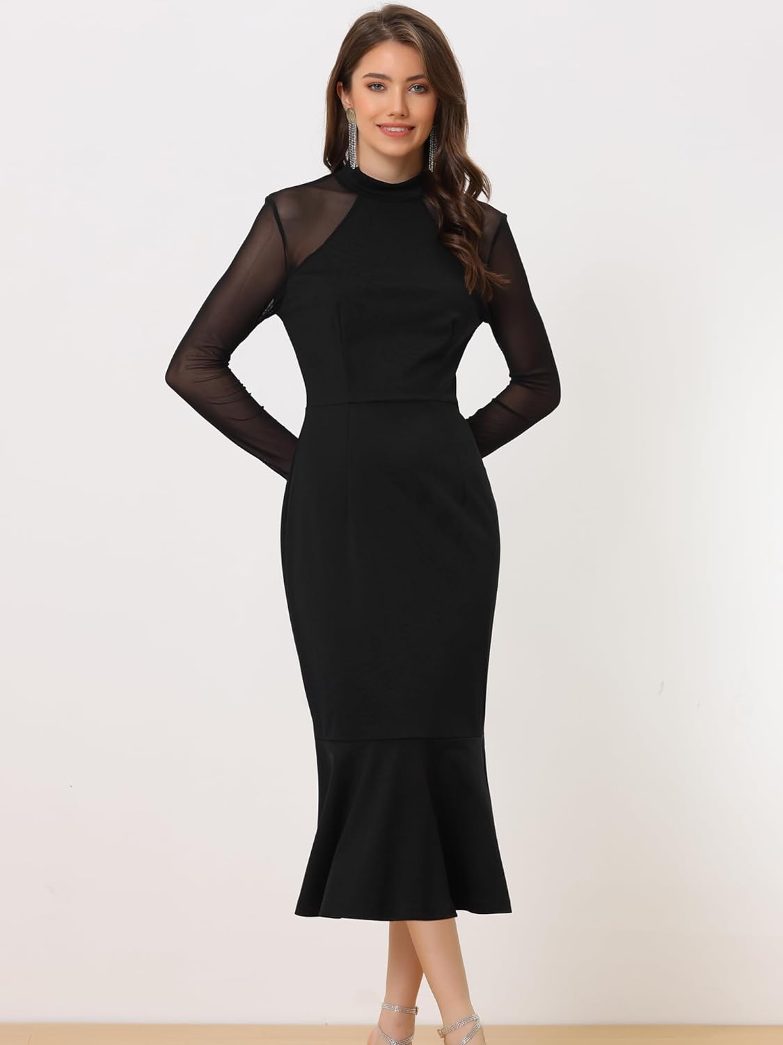 Allegra K Women's Elegant Midi Bodycon Dress Long Sleeve Sheer Mesh Mock Neck Mermaid Formal Cocktail Wedding Guest Dresses