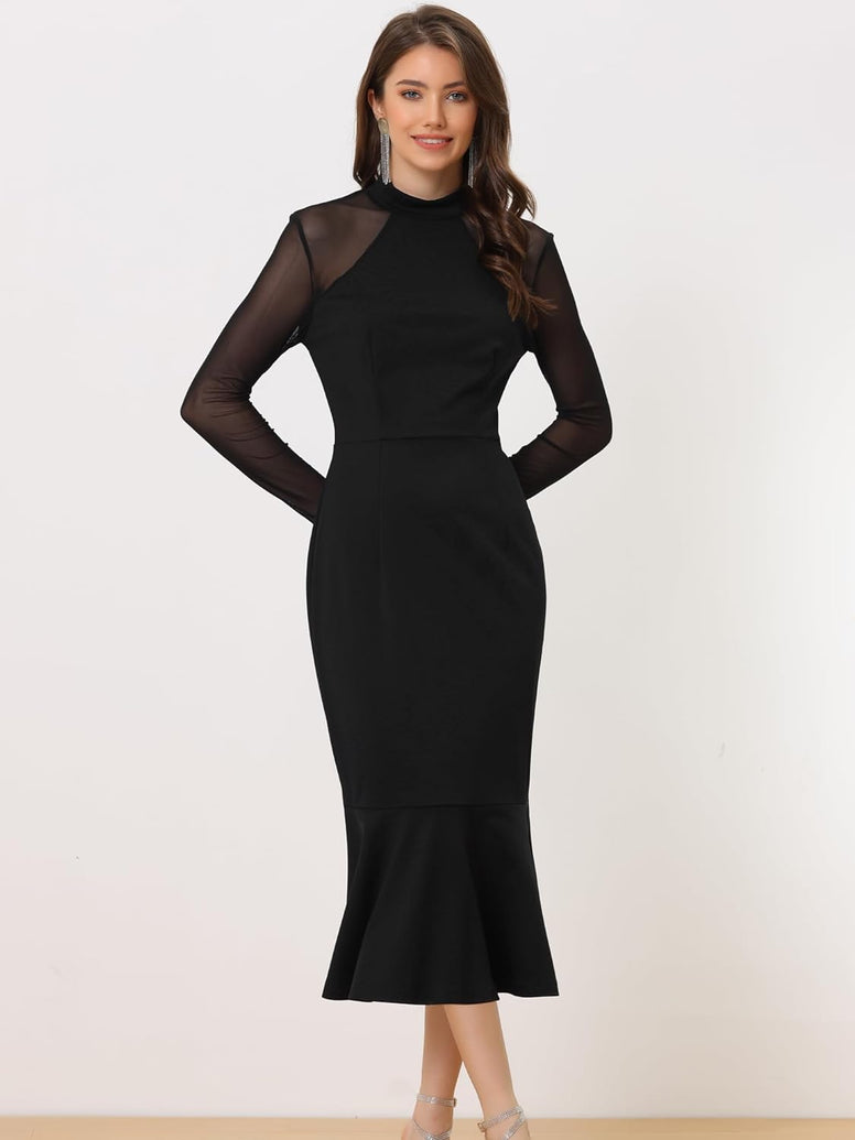 Allegra K Women's Elegant Midi Bodycon Dress Long Sleeve Sheer Mesh Mock Neck Mermaid Formal Cocktail Wedding Guest Dresses