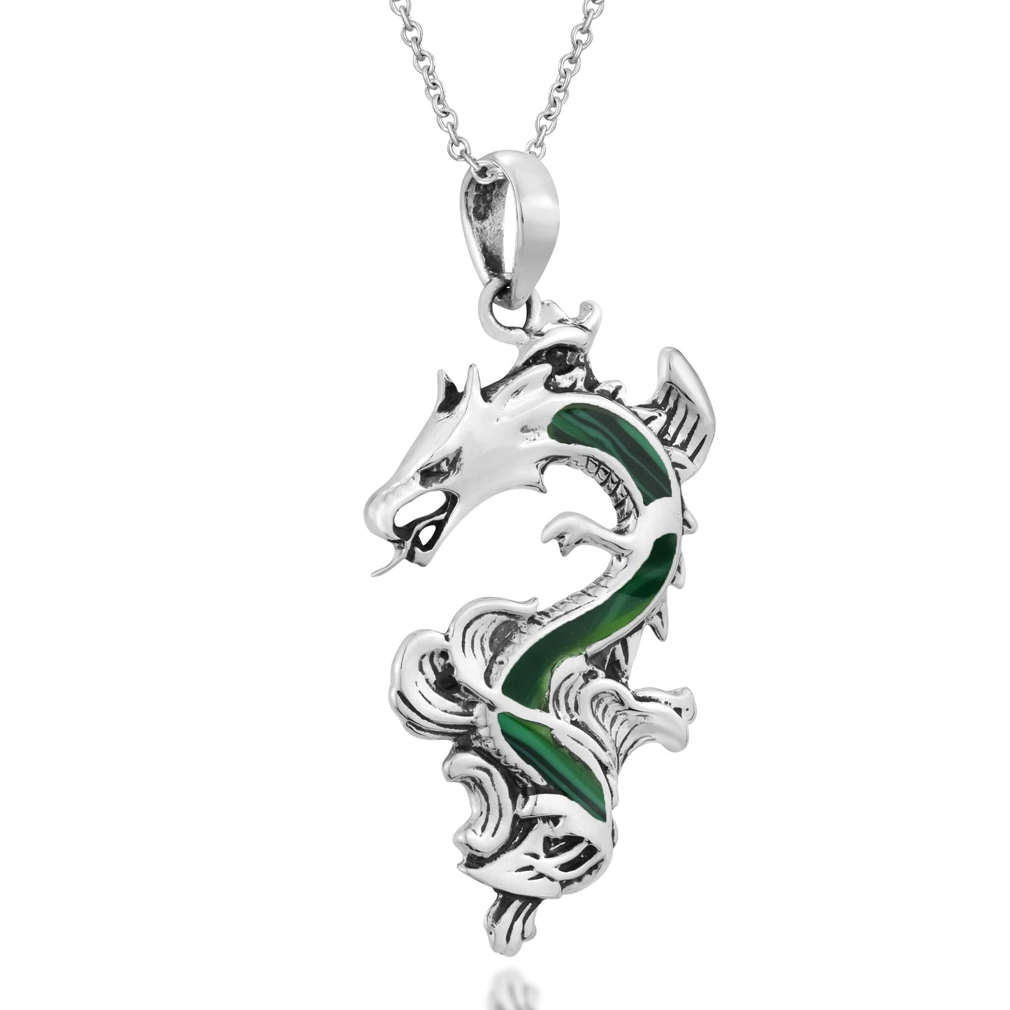 AeraVida Legendary Chinese Dragon Malachite Inlaid .925 Sterling Silver Pendant Necklace | Dragon Jewelry Necklace Accessory for Men Women Unisex | Delicate Long Necklaces for Women and Men Accessory,