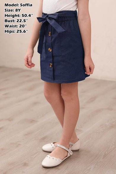 GORLYA Girls Paper Bag Elastic Waist Button Trim Front Belted Skirts with Pockets 4-14T(GOR1112, 9-10Y, Navy)