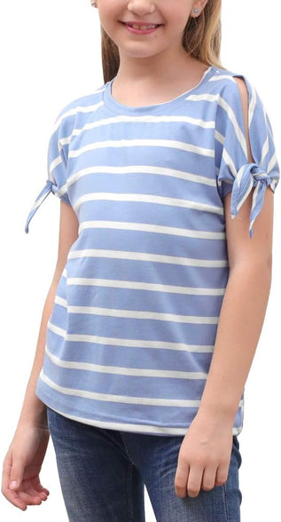 GORLYA Girl's Cut Slit Sleeve Tie knot Cuff Stripe Tunic T-shirt Casual Pullover Top for 4-14T Kids