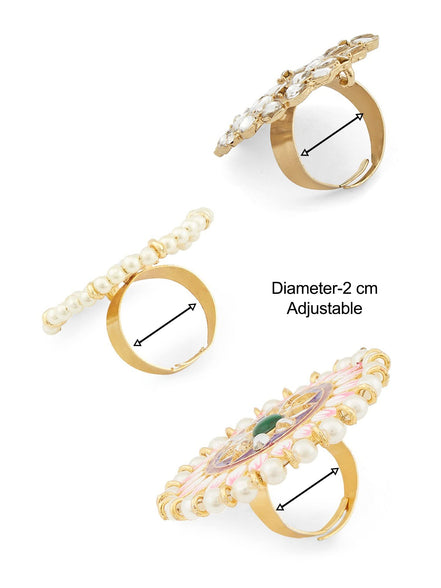 ZAVERI PEARLS Set Of 3 Multicolor Meenakari Floral Design Ethnic Rings For Women-ZPFK14525