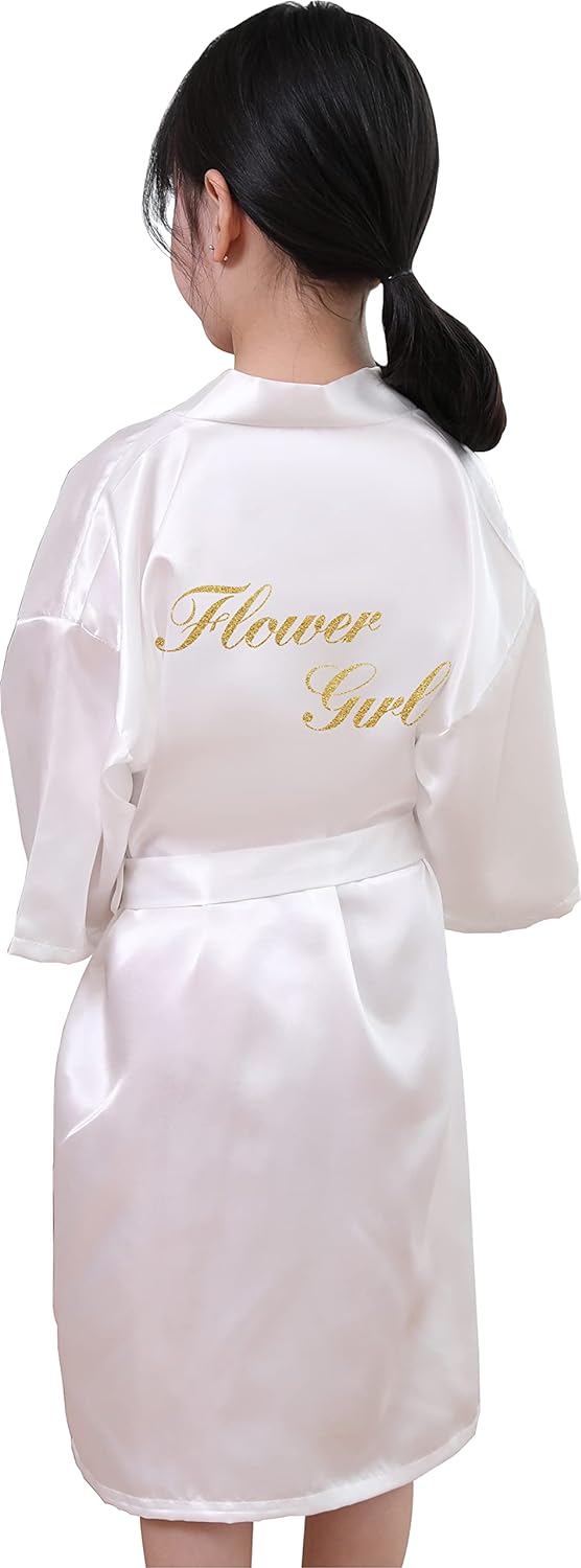 QXQTER Silky Satin Robes for Kids Girls Flower Girl Robe for Wedding Bridal Party with Gold Glitters