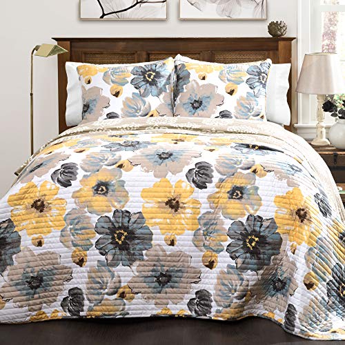 Lush Decor Leah 3 Piece Floral Reversible Quilt Set, King, Yellow & Gray