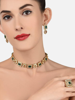 Zaveri Pearls Green & Pink Stones Ethnic Collar Bone Necklace Earring & Ring Set For Women-ZPFK11665