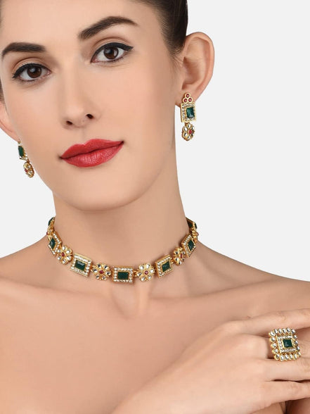 Zaveri Pearls Green & Pink Stones Ethnic Collar Bone Necklace Earring & Ring Set For Women-ZPFK11665
