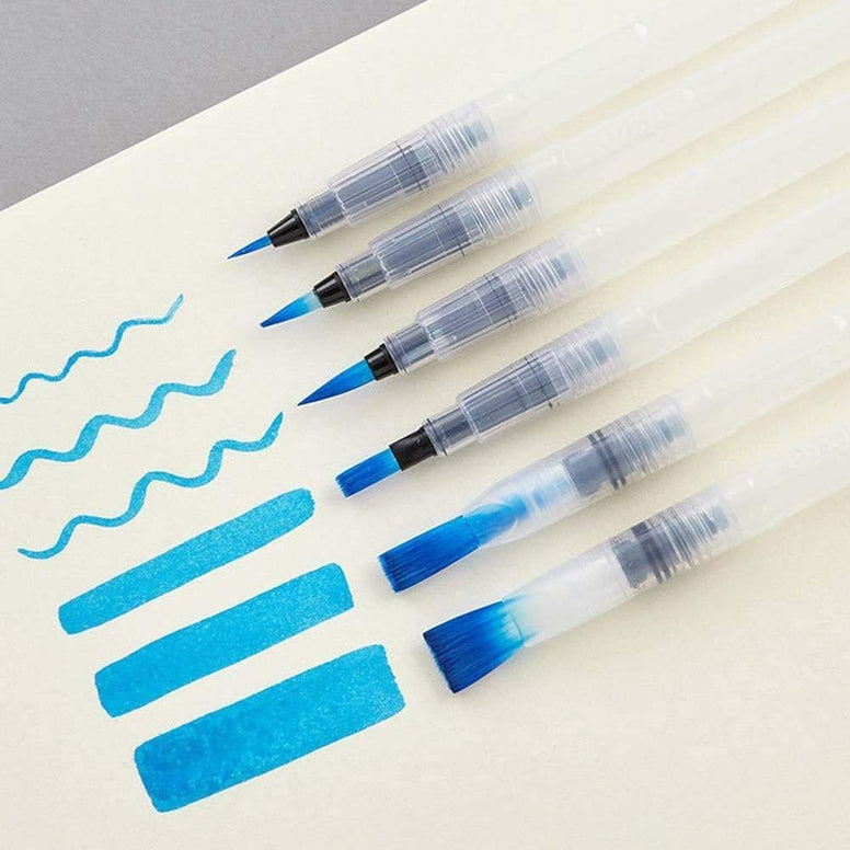 Premify Watercolor Brush Pen Paintbrush Pack of 6 - Assorted Nibs. Refillable Ink and Water Brush Pens for Watercolour Acrylic Art/Painting, Colour Blending and Calligraphy Brushes, Artists Brushpens