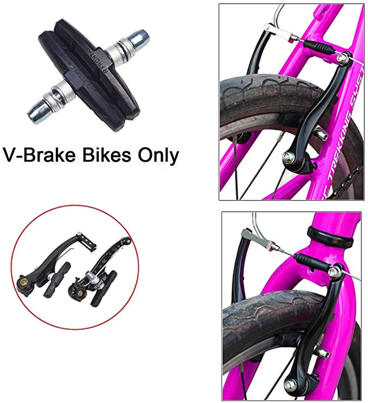 DELFINO No Noise No Skid Bike Brakes Pads Set, Professional Mountain and Road Bicycle V-Brake Pads, 70mm for Cruiser MTB Mountain Bicycle Universal V-Brake Blocks with Hex Nut and Shims
