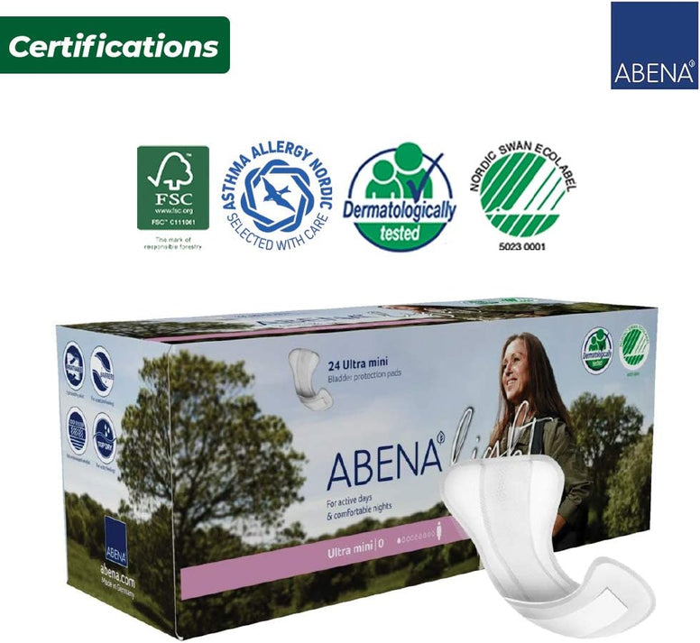 Abena Light Incontinence Pads, Eco-Friendly Women's Incontinence Pads For Adults, Breathable & Comfortable With Fast Absorption & Protection, Incontinence Pads For Women, Ultra Mini 0, 100ml, 10x 24PK
