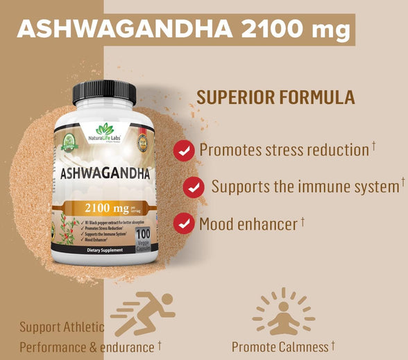 Organic Ashwagandha 2,100 mg - 100 Vegan Capsules Pure Organic Ashwagandha Powder with Black Pepper Extract - Natural Anxiety Relief, Mood Enhancer, Immune & Thyroid Support, Anti Anxiety