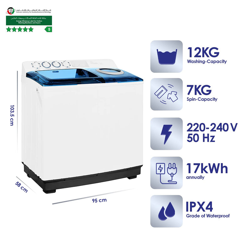 Super General 12 kg Twin-tub Semi-Automatic Washing Machine, White/Blue, efficient Top-Load Washer with Lint Filter, Spin-Dry, SGW-125, 95 x 58 x 103.5 cm, 1 Year Warranty