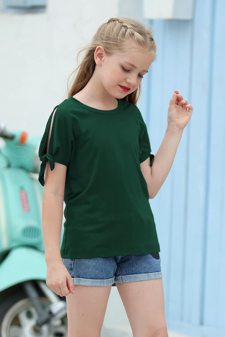 GORLYA Girl's Cut Slit Sleeve Tie knot Cuff Stripe Tunic T-shirt Casual Pullover Top for 4-14T Kids