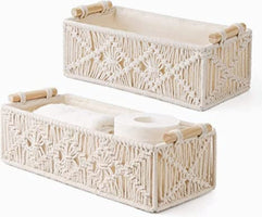 MIXDE Storage Baskets Set 2PCS Handmade Cotton Woven Decorative Boho Desk Storage Bins Boxes with Wood Handles Storage Basket Organizer for Bedroom, Dorm, Living Room, Bathroom (Lvory)