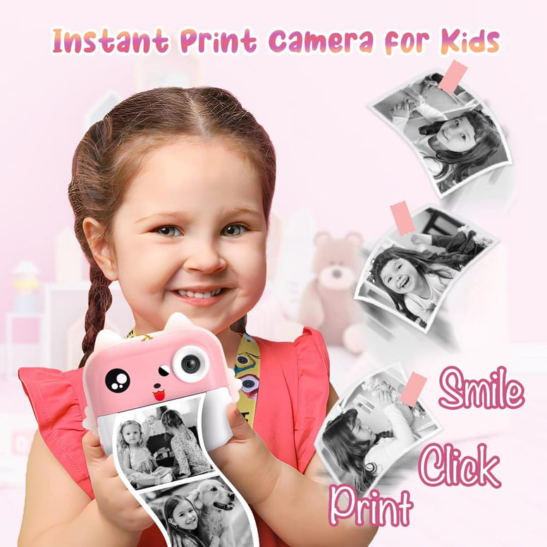 Beauenty Kids Camera Instant Print Toddler Digital Camera with 1080P HD Video Camera, 48MP Camera with Phone Connected 32GB Card, Pink