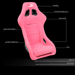 J2 Engineering J2-RS-005-PK Pink Stitching Reclinable Back Rest Racing Bucket Seats 4-Point 5-Point 6-Point Harnesses 34" H X 23" W X 23" D Universal Fit