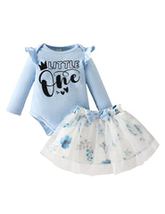 Haokaini Baby Girl Skirt Set New Born Long Ruffles Sleeve Lettering Print Novel Top Flower Tutu Bow Princess Dress Three Pieces, for 0-3 Months