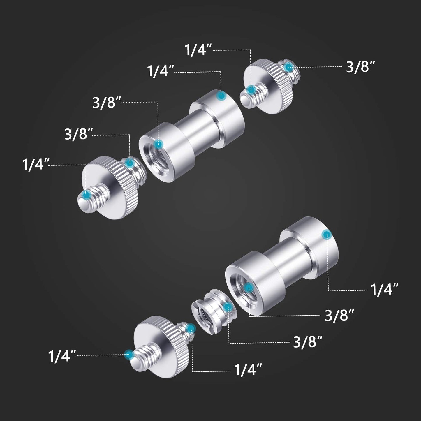 Neewer Camera Screw Kit, 16 Pieces Tripod Screw Adapter Converter Spigot Screw Mount Pack (1/4" to 1/4", 1/4" to 3/8", Female to Male, Male to Male, etc) for Camera/Tripod/Flash/Stand/Mic/Rig/Cage