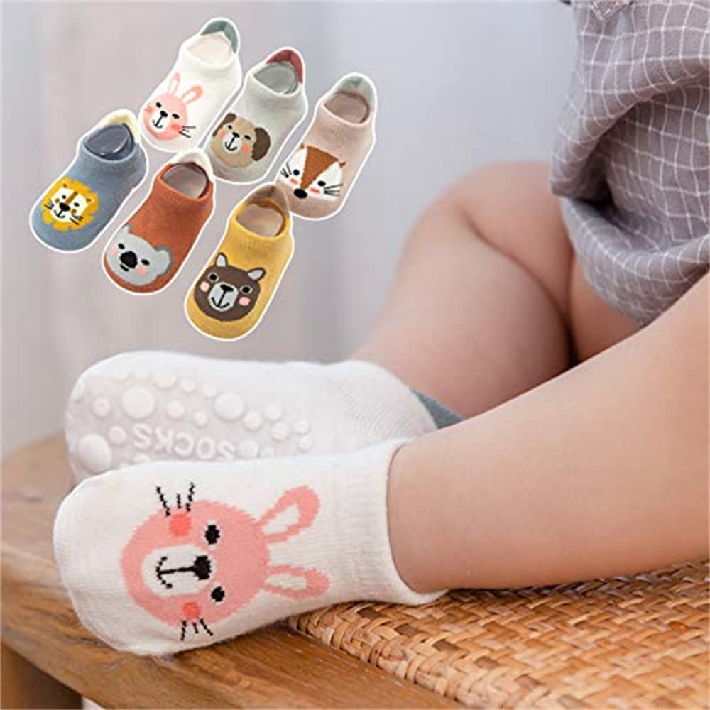 ELECDON Baby Non Slip Warm Socks, ELECDON 6 Pairs Baby Non Slip Grip Cotton Cartoon Animal Ankle Socks with Non Skid Soles for Newborn Toddler Boy Girl, 18 Months, Multi