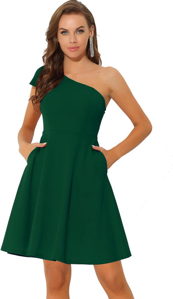 Allegra K Elegant Dresses for Women Bow One Shoulder with Pockets A-line Cocktail Party Dress