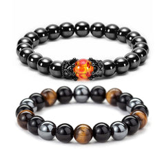 2 Pieces Hematite Therapy Bracelet Obsidian Tiger Eye Stone Lava Rock Beaded Bracelet Crown Accessory for Women Men Meditation Yoga Jewelry