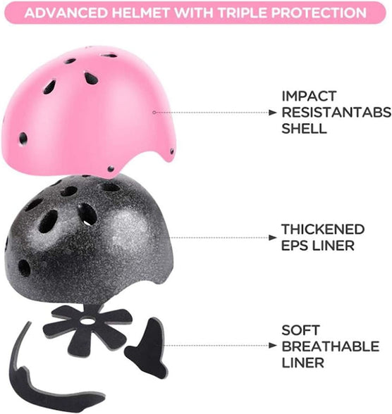 AMERTEER 7 In 1 Kids Bike Helmet Set, Skateboard Knee Pads - Kids Helmet Elbow Pads Wrist Guards Adjustable Protective Gear Set for Sport Cycling Bike Roller Skating Scooter Rollerblade (pink)