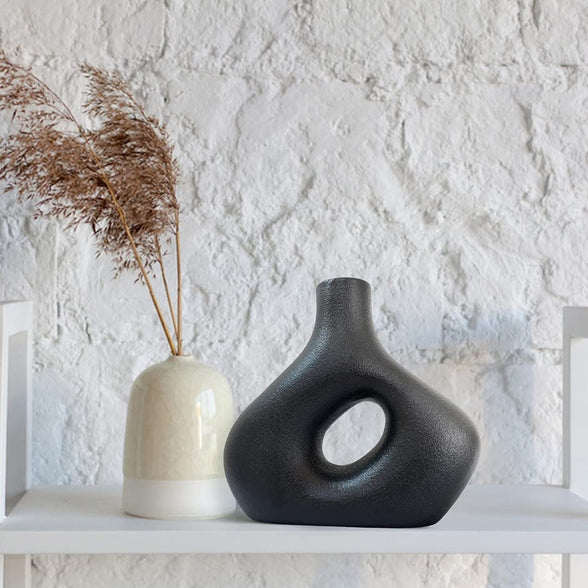 Circle Vase – Matte Black Vase, Geometric Donut Vase, Modern Vase for Minimalist Black Home Decor. 8” Black Ceramic Vase for Modern Table, Bookshelf, Coffee Table Decor, Black Vases Home Decor