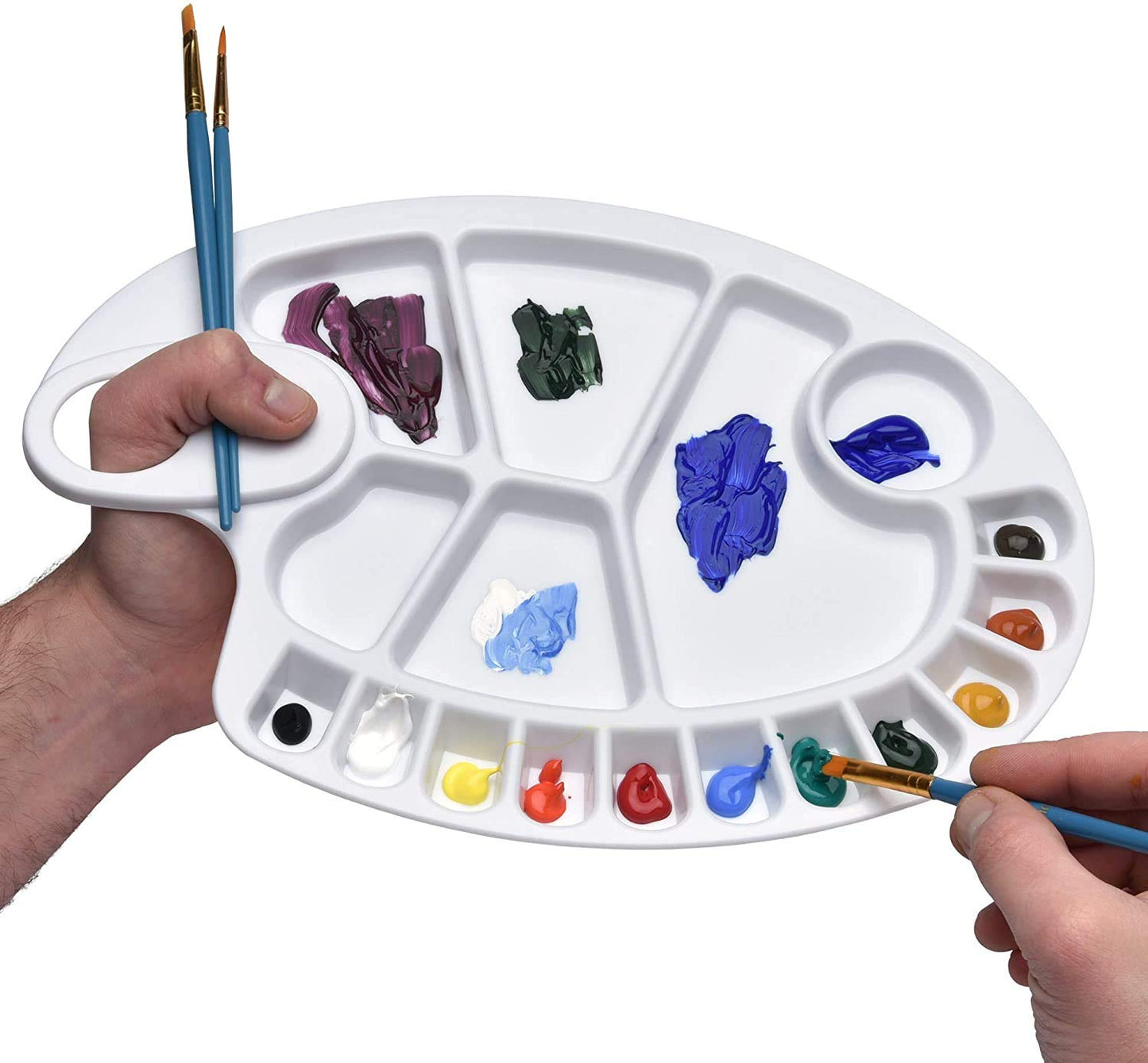 17 Wells Reusable White PVC Plastic Artist Paint Palette 8 x 11.8 Inch Oval Shaped Panel Painting Pallette Non-Stick Paints Washable with Thumb Hole, Kids or Professional Arts Crafts Painting Supplies