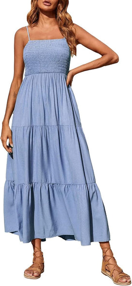 Women's Casual Midi Slip Dresses Adjustable Sleeveless Spaghetti Strap Flowy Loose Cami Dress Long Dress Beach Dress Sundress