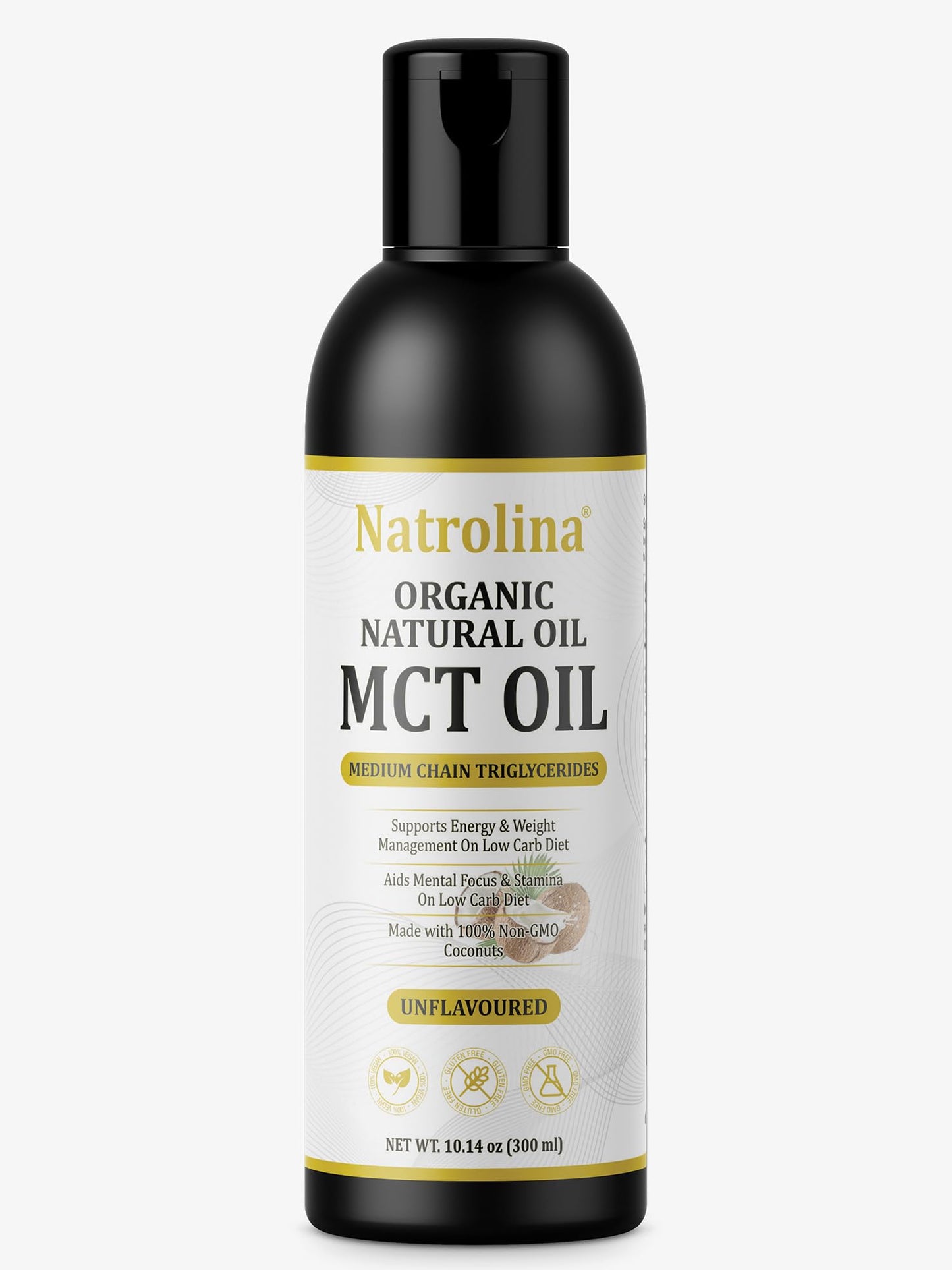Natrolina Organic MCT Oil Unflavored 300ml from 100% Coconuts | Natural MCT Oil C8 C10 C12 | Keto & Paleo Diet Friendly Non-GMO & Gluten-Free | Brain & Body Fuel Perfect in Coffee, Smoothies & Salads