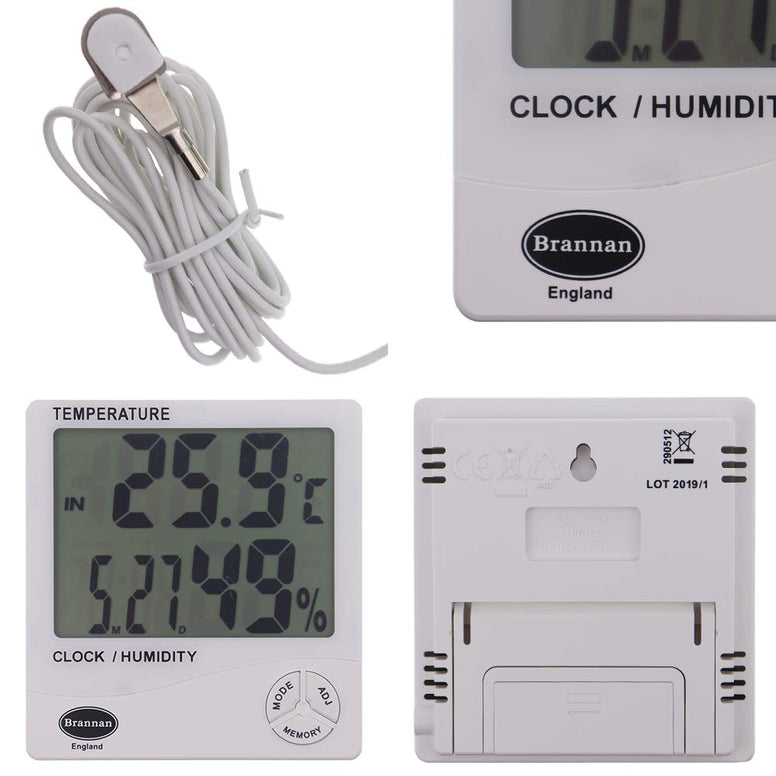 Brannan Digital Hygrometer Indoor Outdoor Thermometer, Temperature Clock And Humidity Monitor With Jumbo 1 Inch Digit Screen - UK