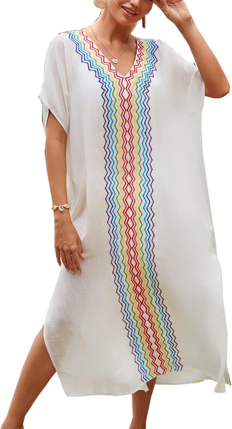 YouKD Embroidered Kaftan Dress Boho Beach Bikini Cover Up Robe Plus Size Loungewear for Women