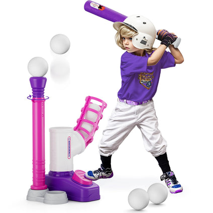 HYES 2 in 1 T Ball Sets for Kids 3-5, Tee Ball Set with Step on Pitching Machine/Adjustable Batting Tee/Retractable Baseball Bat/6 Balls, Outdoor Sport Toy Games for Girls Toddlers, Purple