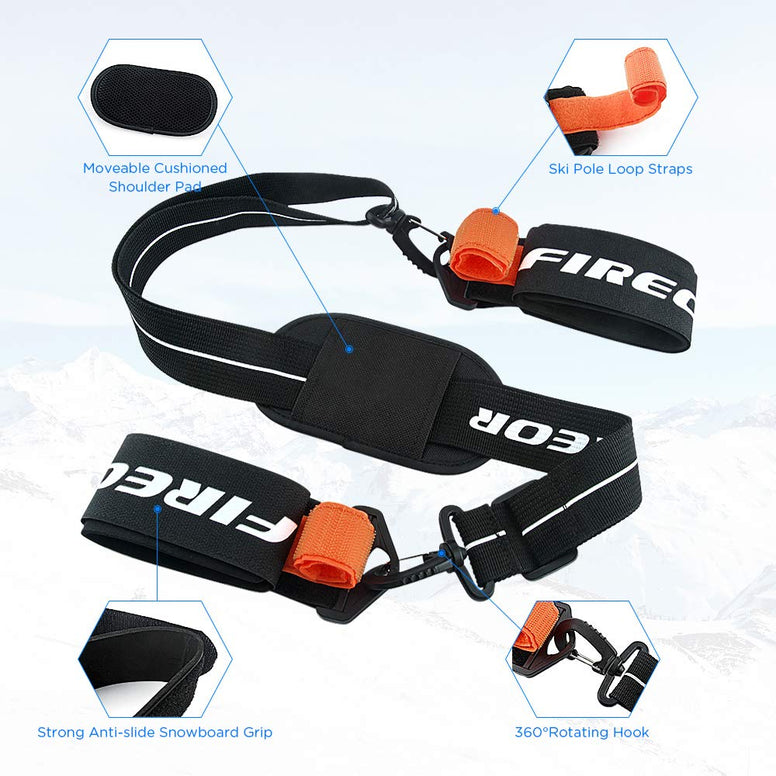 Ski Carrier Strap, Snowboard, Pole and Boot Carry Sling Strap Kit Adjustable Cushioned Shoulder Back Band for Family Men Women & Kids, Downhill Skiing Equipment Accessories