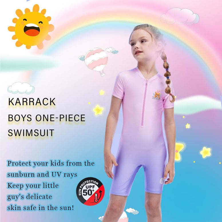 karrack Girls Long Sleeved One Piece Rash Guard Swimsuit Kid Water Sport Short Swimsuit UPF 50+ Sun Protection Bathing Suits