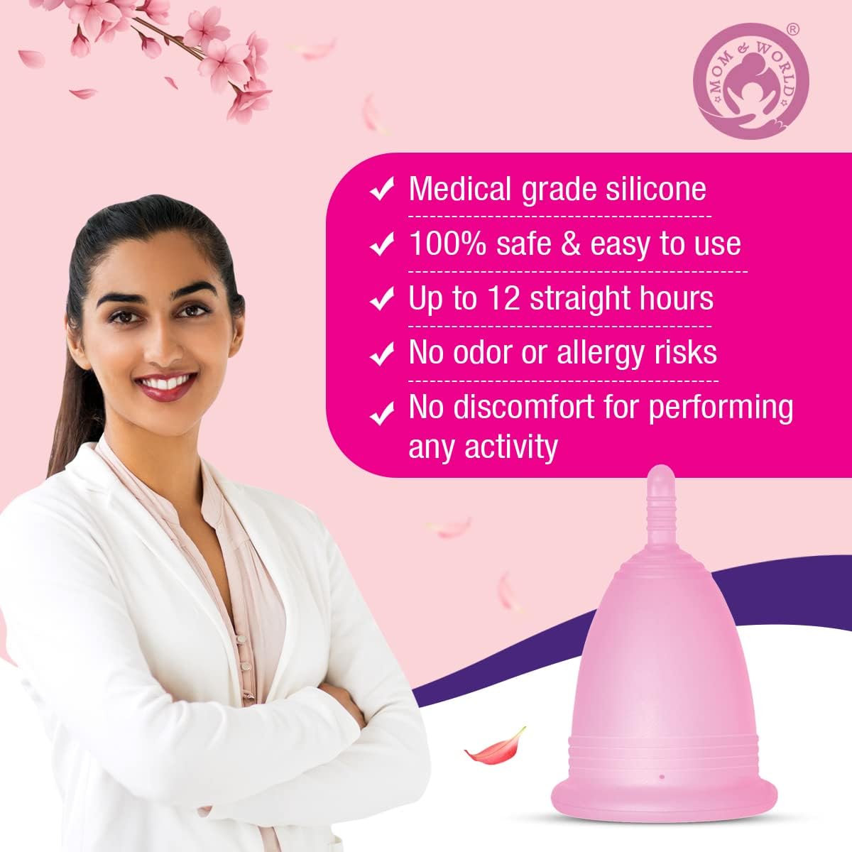 Mom & World Reusable Menstrual Cup For Women, 100% Medical Grade Silicone, Odor and Rash Free, No leakage (Large)