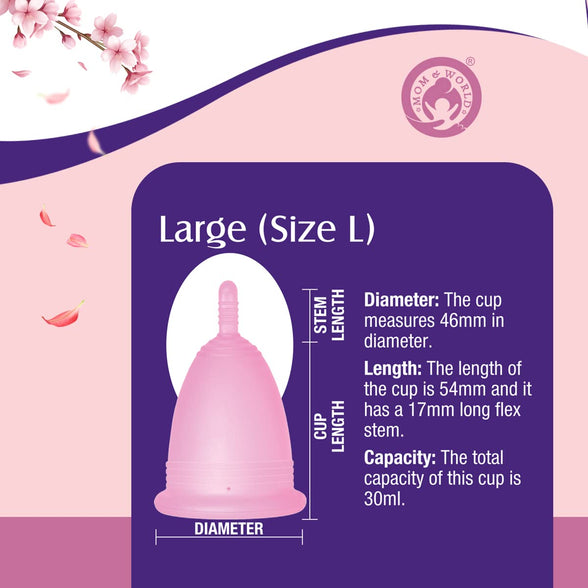Mom & World Reusable Menstrual Cup For Women, 100% Medical Grade Silicone, Odor and Rash Free, No leakage (Large)