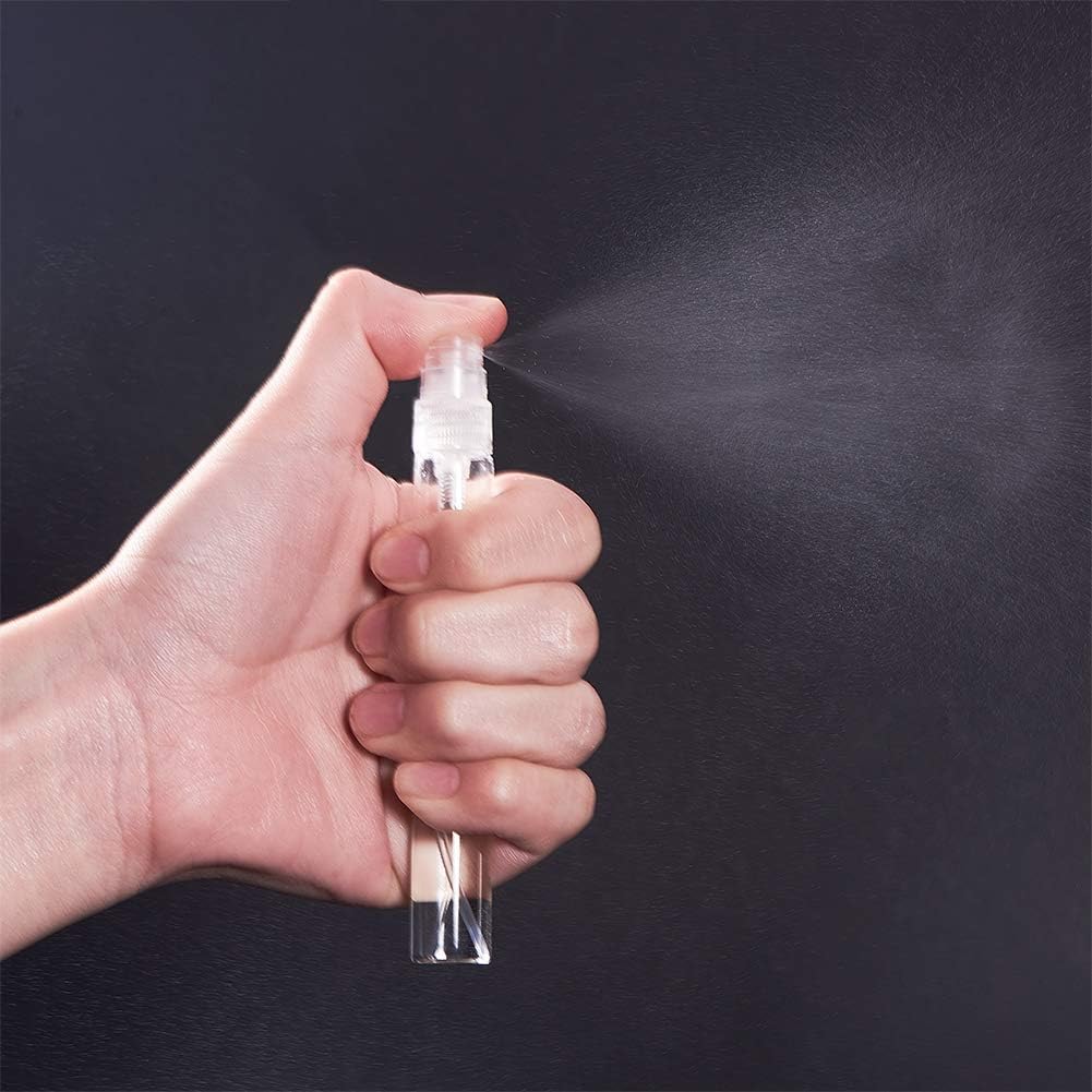 BENECREAT 25Pcs 10ml Mini Fine Mist Spray Bottle Transparent Glass Travel Empty Atomiser Spray Bottles with Plastic Lid for Perfume, Toiletries Liquid, Cosmetic