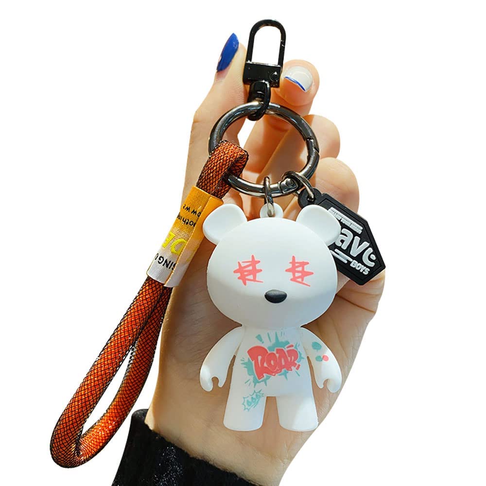 Keychain Key Ring Men Women Creative Novelty Cool Bear, KASTWAVE Girlfriend Boyfriend Valentine Lover Birthday Collection Gift Bag Pendant Chain with Wrist Strap -White