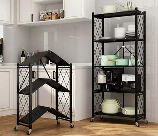 Arabest Foldable Standing Shelf,Units Storage Rack,Metal Heavy Duty Storage Shelf with Wheels, No Need Install Storage Rack (Black, 3-tier)