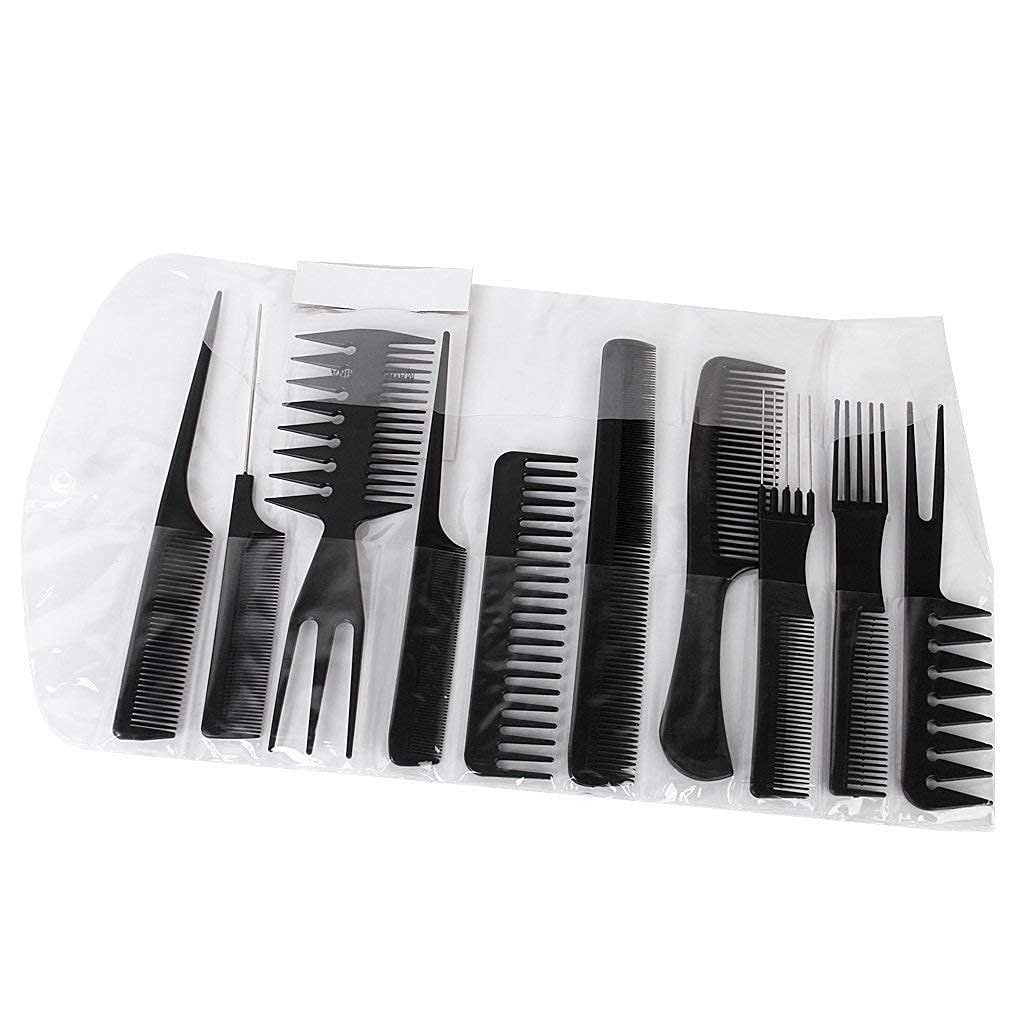 10Pcs Black Pro Salon Hair Styling Hairdressing Plastic Brush Combs Set