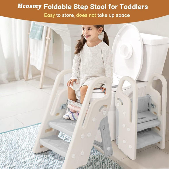 Hcosmy Foldable Toddler Step Stop for Bathroom Sink, Adjustable 3 Step Stool for Kids Toilet Potty Training Stool, Child Kitchen Counter Stool Helper, Plastic Ladder for Toddlers (grey)