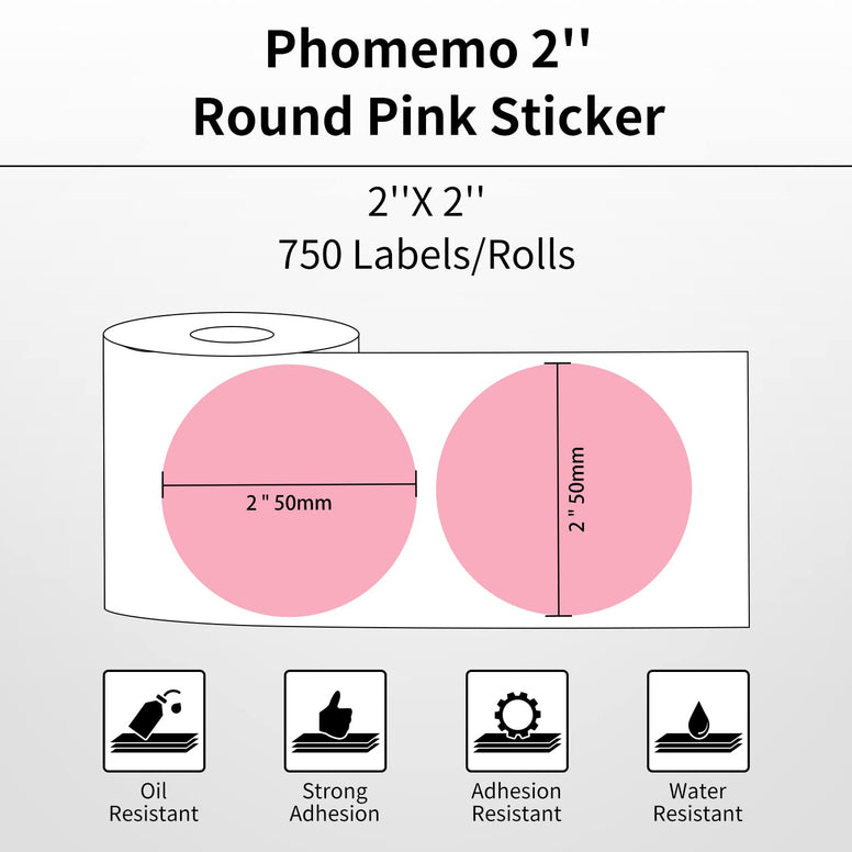 Phomemo 2 Inch Pink Circle Thermal Sticker Labels, Self-Adhesive Round Direct Sticker Labels, Multi-Purpose Sticker Labels for DIY Logo Design, QR Code, Name Tag, Inventory-Pink 750 Labels/1 Roll