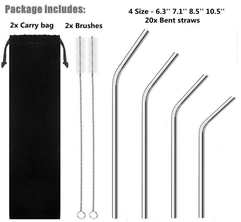 Reusable Stainless Steel Drinking Straws, 20 Pcs 4 Size - 6.3'' 7.1'' 8.5'' 10.5'', BPA Free Long Short Smoothie Drinking Curved Bent Straws with 2 Brushes and 2 Carry Bag, Fit for 20/30 oz Tumblers