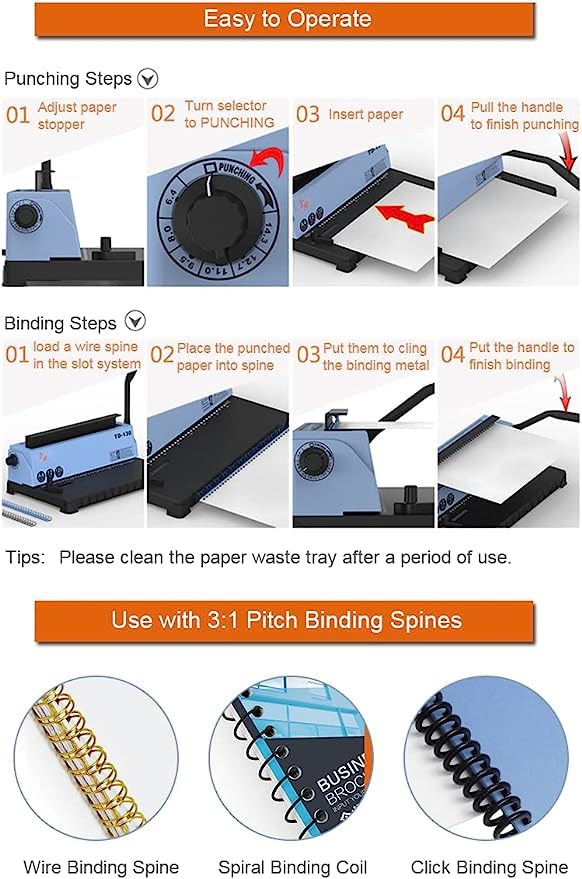 RAYSON Wire Binding Machine, A4, Binds up to 120 Sheets, Punches up to 12 Sheets, 3:1 Pitch Binder, 34 Hole, TD-130