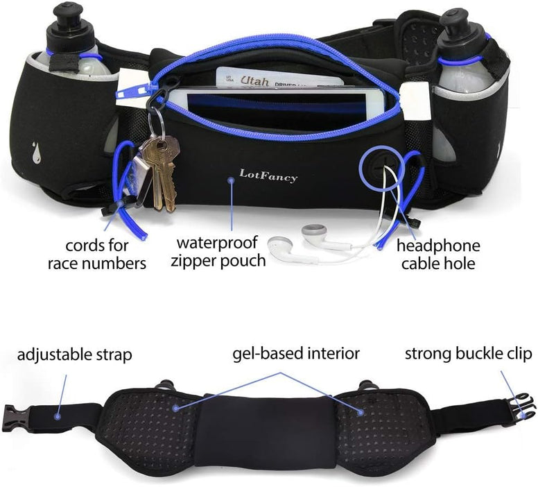 (Blue) - LotFancy Running Hydration Belt Free 2 Water Bottle (BPA Free), Waist Belt Unisex Comfortable and Breathable, Best Partner for Marathon, Jogging, Cycling, Climbing, Camping and More