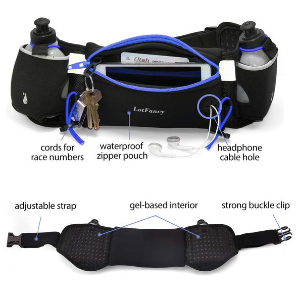 (Blue) - LotFancy Running Hydration Belt Free 2 Water Bottle (BPA Free), Waist Belt Unisex Comfortable and Breathable, Best Partner for Marathon, Jogging, Cycling, Climbing, Camping and More